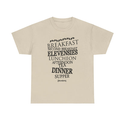 Luxurious beige graphic tee showcasing a vertical arrangement of iconic hobbit meal names from Lord of the Rings, crafted for comfort and style.