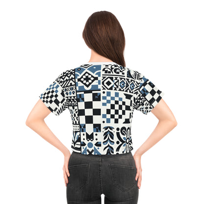 Elegant rear view of the Lorelei Beaumont Trendy Crop Top featuring a modern checkerboard and organic pattern, crafted from 100% silky-soft polyester. Perfect for a chic outfit.