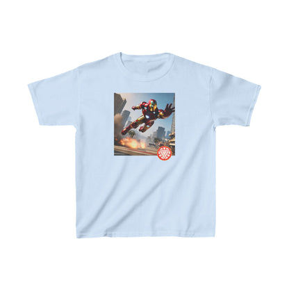 Kids Iron Man Printed Heavy Duty T-Shirt with Hulk Design in soft blue hue, featuring dynamic Iron Man graphic and vibrant colours.