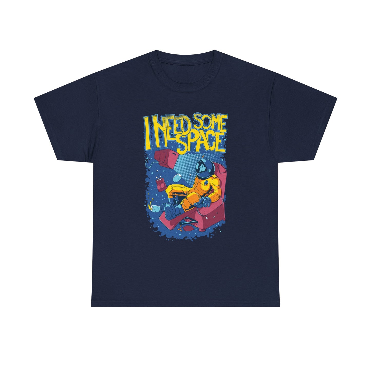 Chic Retro Astronaut T-Shirt in navy, displaying a playful cosmic theme with the statement 'I NEED SOME SPACE', crafted for fashionable comfort.