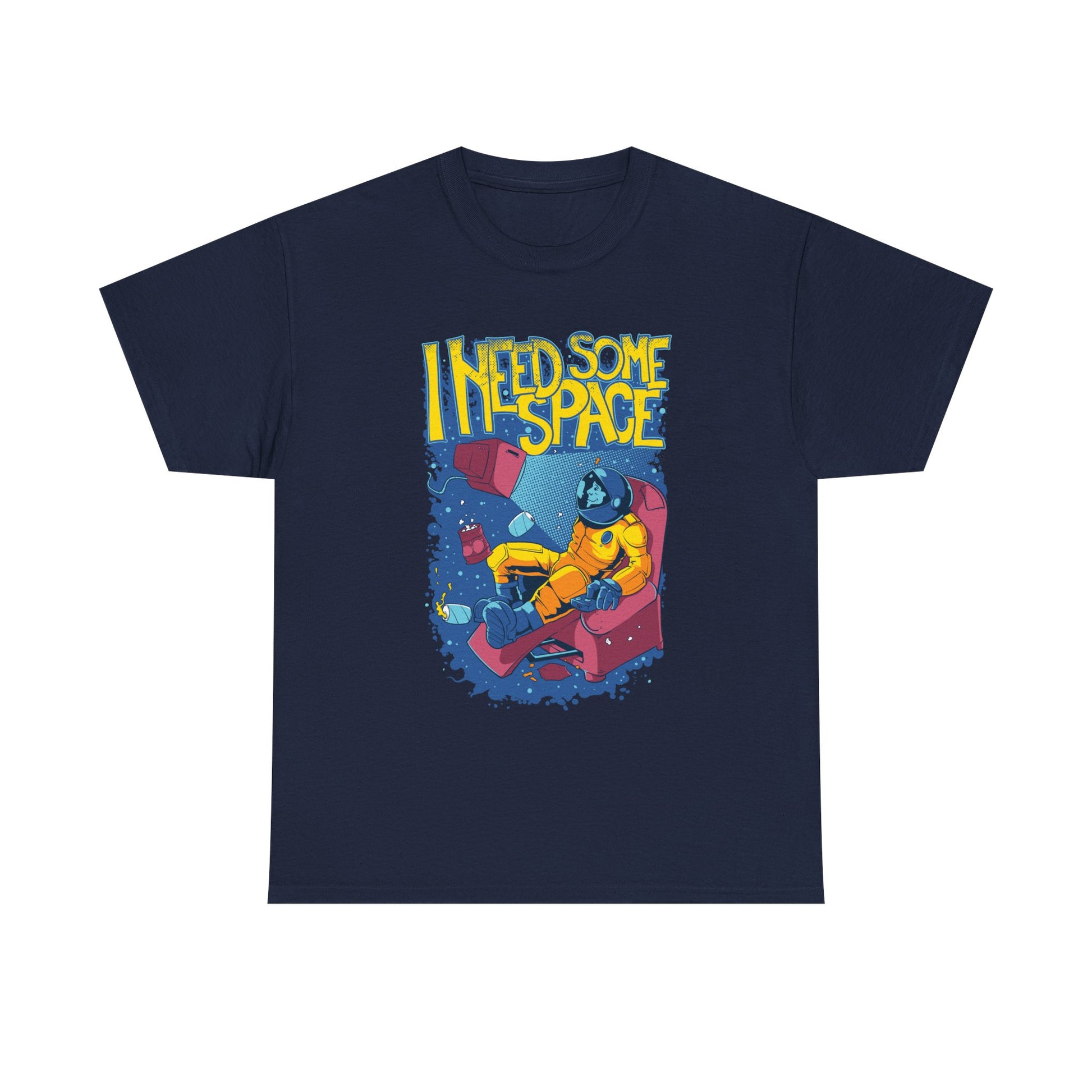Chic Retro Astronaut T-Shirt in navy, displaying a playful cosmic theme with the statement 'I NEED SOME SPACE', crafted for fashionable comfort.