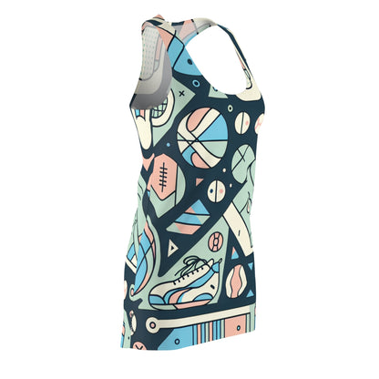 Model wearing Valentina Sartoria Racerback Dress in pastel hues, exemplifying comfort and chic style, adorned with sport-themed designs.