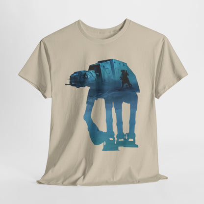Star Wars AT-ST vs Tauntaun Funny Graphic Unisex T Shirt TEE, showcasing a whimsical graphic of an AT-ST walker, elegantly rendered in teal and blue hues against a soft beige background.