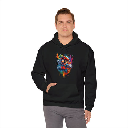 Man showcasing the unisex lightweight hooded sweatshirt with a striking gaming graphic, combining modern style with luxury comfort.