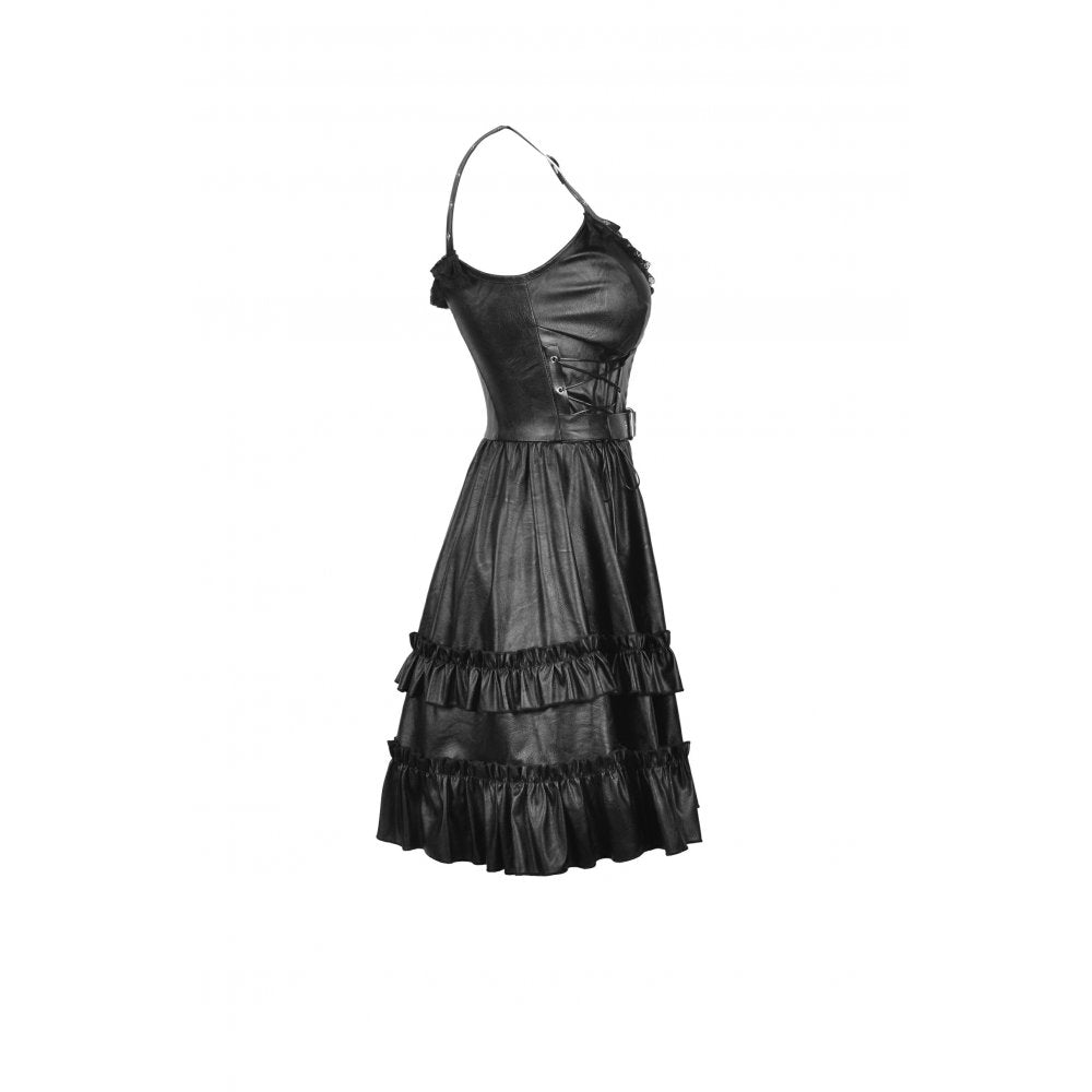 Elegant Gothic black mini dress with ruffles, featuring a zip-front and flowing skirt, from Dark in Love by Kate's Clothing.