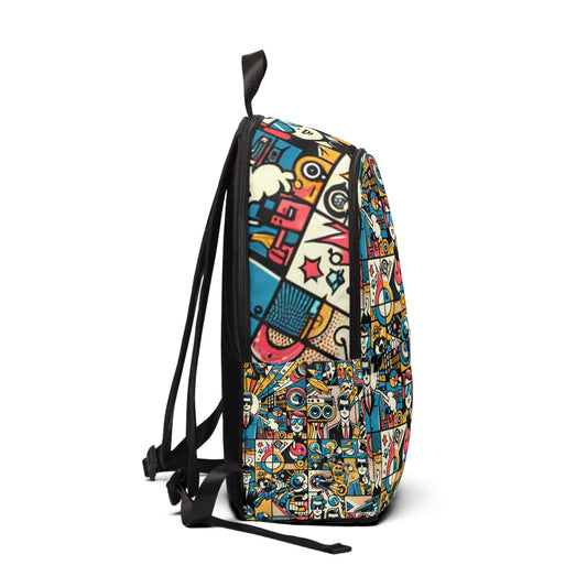 Close-up view of Dazzling Dreams Studio's Modern Pop Art Backpack, showcasing unique cartoon patterns and high-quality materials for trendy and practical use.