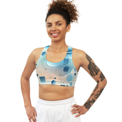 Lifestyle image of Sebastian Couture Women's Luxurious Abstract Sports Bra in Pastel Blue Gradation, perfect for a luxurious workout setting.