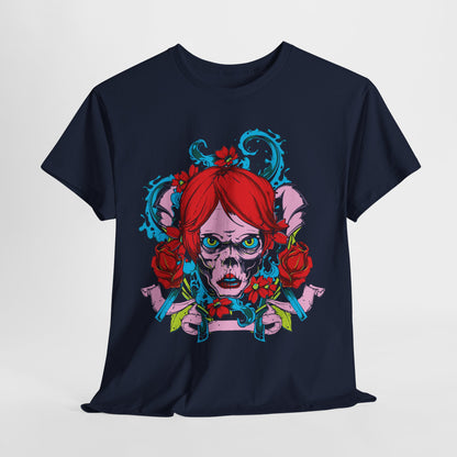 Elegant navy t-shirt for men, featuring a striking print of a fierce skull with vibrant red hair and roses, combining edgy art with sophisticated style.