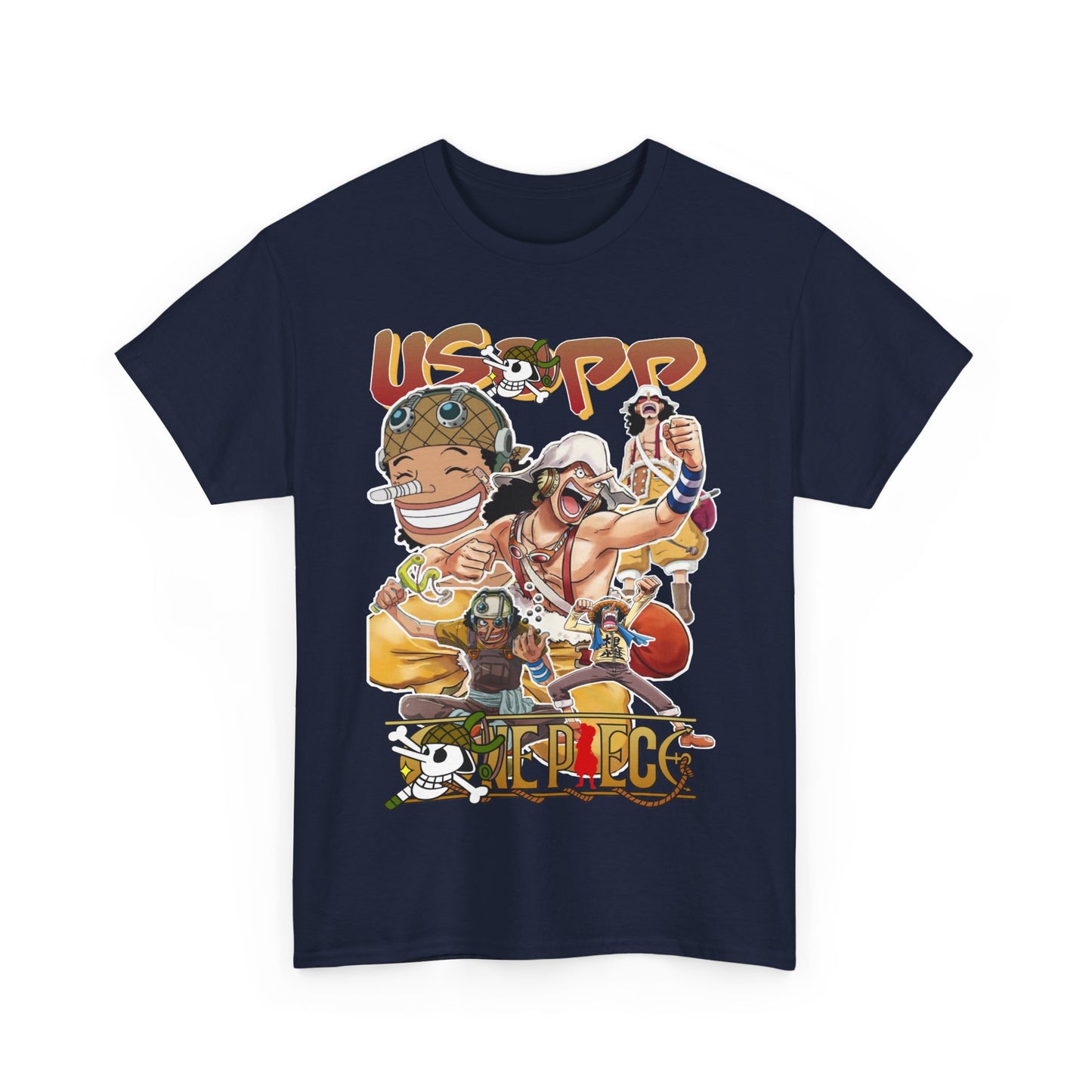 Luxurious navy blue t-shirt featuring a vibrant collage of Usopp and other beloved anime characters, showcasing their dynamic poses and lively expressions, perfect for anime enthusiasts.