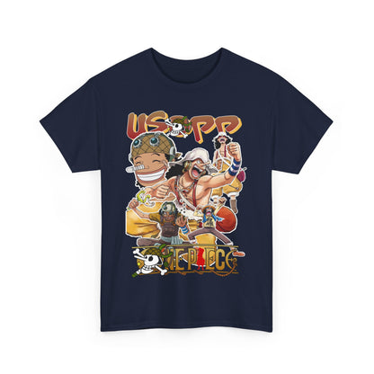 Luxurious navy blue t-shirt featuring a vibrant collage of Usopp and other beloved anime characters, showcasing their dynamic poses and lively expressions, perfect for anime enthusiasts.