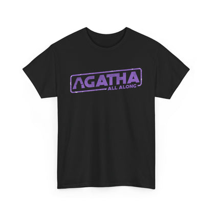 Agatha All Along Unisex Men Women Graphic Funny T-Shirt, showcasing a striking purple logo on a classic black fabric. Perfect for casual outings, blending vintage charm with contemporary humour.