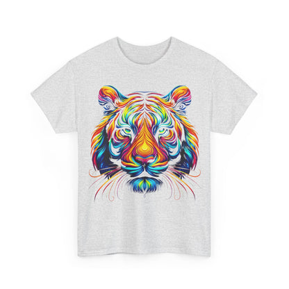 Front view of Tiger's Whimsy Graphic Tee in grey, showcasing the bold multicolour tiger graphic for a refined and artistic fashion statement.