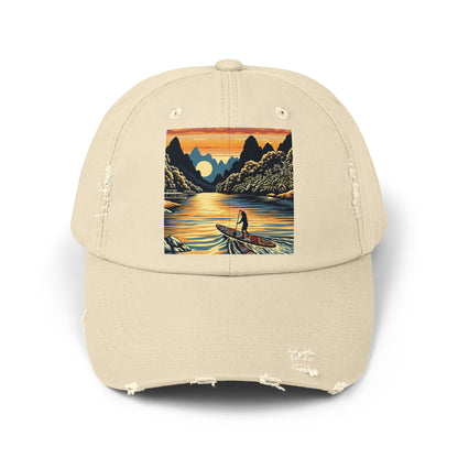 Unisex Distressed Paddleboarders Cap with Fantasy Design, showcasing a serene paddleboard scene at sunset, perfect for stylish water adventures.