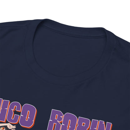 Detailed close-up of the luxurious neckline of a navy blue t-shirt showcasing vibrant anime art, highlighting quality craftsmanship and unique design.