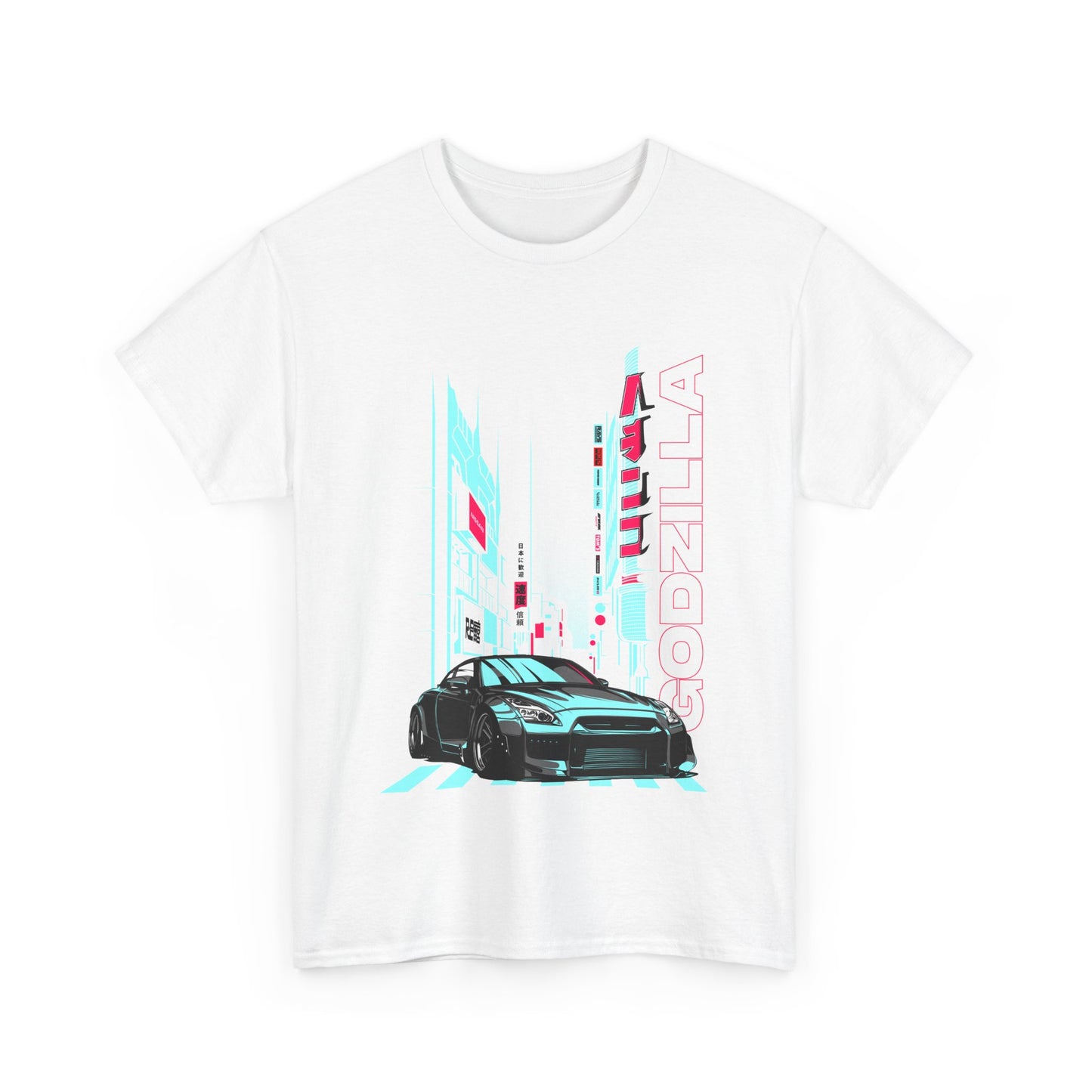 Stylish white graphic T-shirt displaying a vibrant Godzilla city scene and a dynamic sports car design, perfect for fashion enthusiasts.