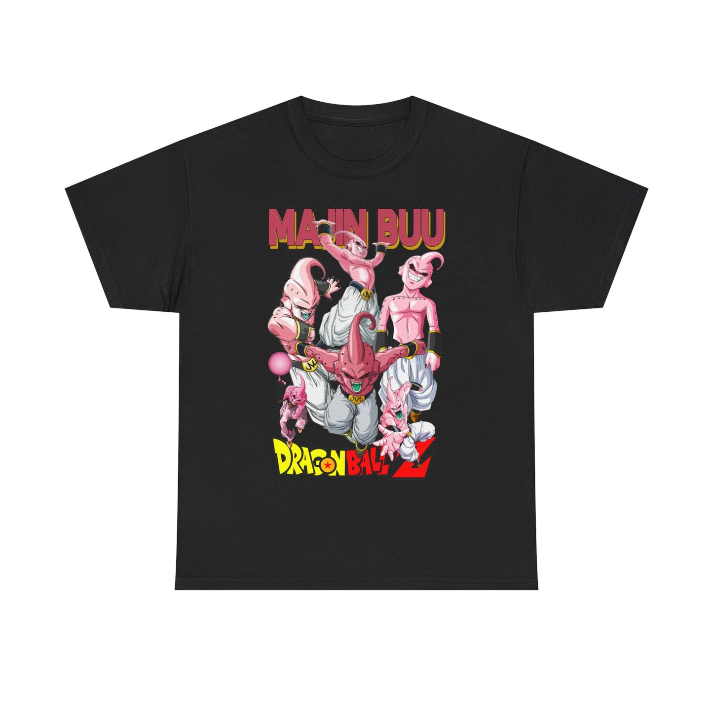 Sophisticated Majin Buu T-shirt showcasing energetic pinkish-purple characters, adorned with bold 'MAJIN BUU' text and 'DRAGON BALL Z' branding on a classic black fabric.