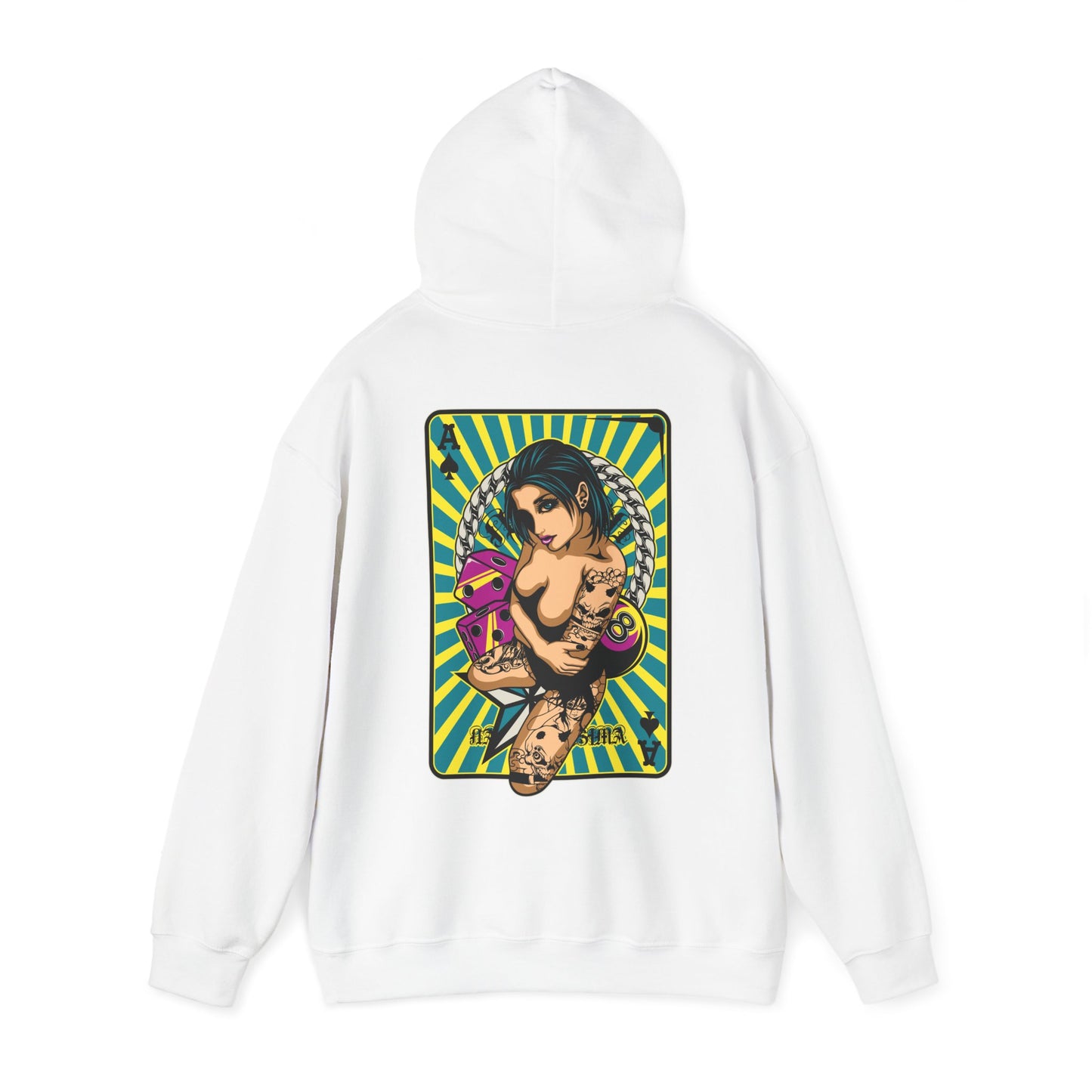 Refined white hoodie presenting an artistic back design of a tattooed woman holding playing cards, enhanced by a vivid turquoise and yellow striped backdrop.