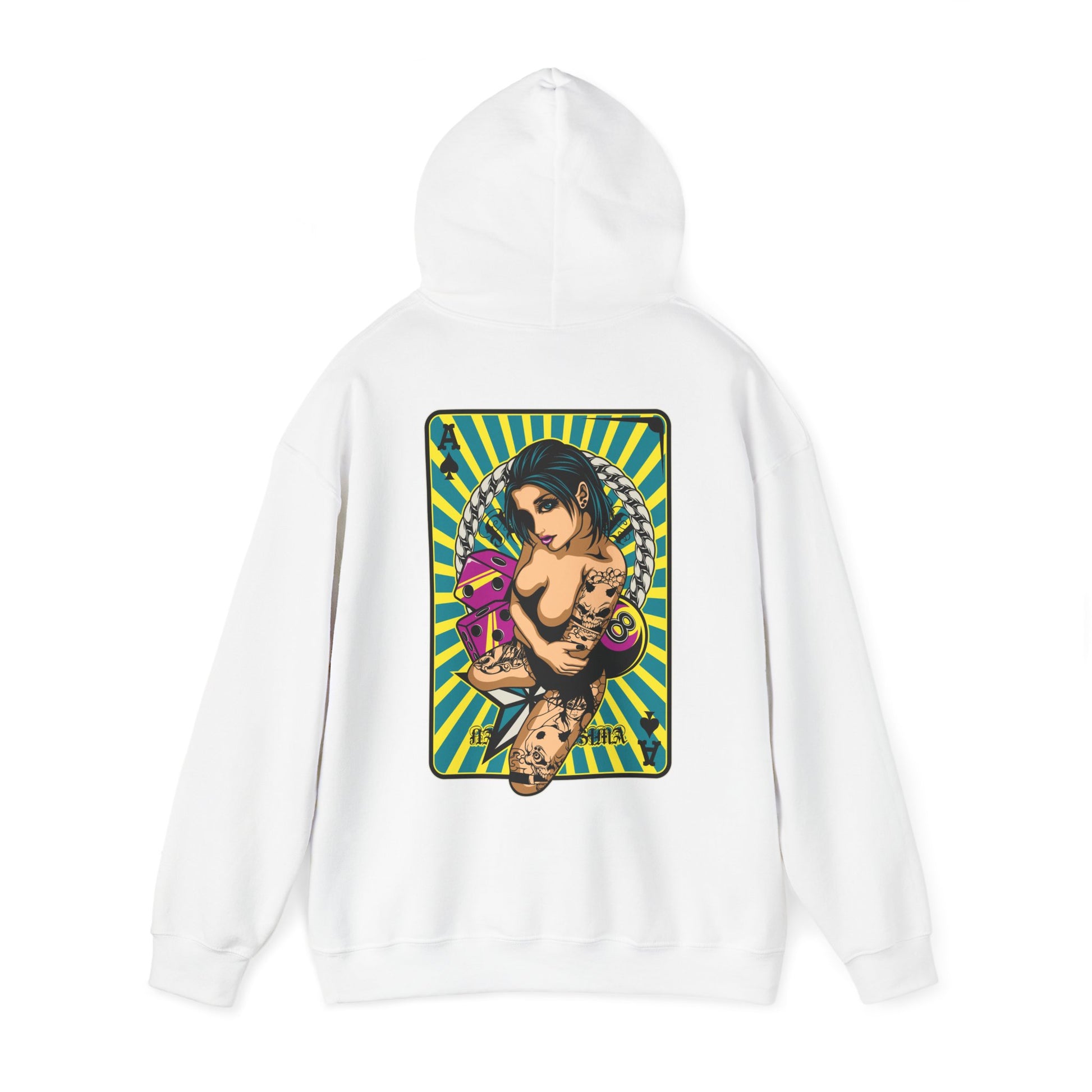 Refined white hoodie presenting an artistic back design of a tattooed woman holding playing cards, enhanced by a vivid turquoise and yellow striped backdrop.