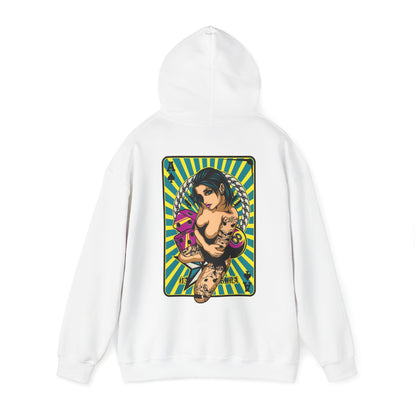 Refined white hoodie presenting an artistic back design of a tattooed woman holding playing cards, enhanced by a vivid turquoise and yellow striped backdrop.