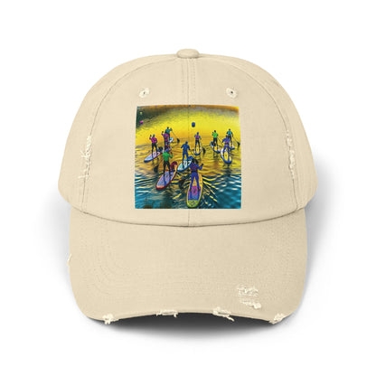 Stylish Unisex Distressed Paddleboarders Cap displaying a captivating fantasy scene, perfect for outdoor adventures at the beach or river.