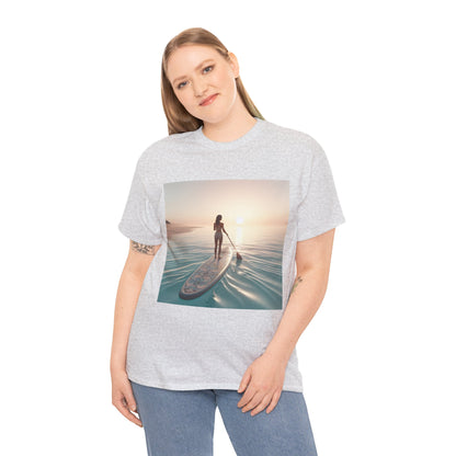 Model wearing the Dazzling Dreams Paddle Board T-Shirt by Dazzling Dreams Studio, perfectly styled for a day at the beach or nature excursions.