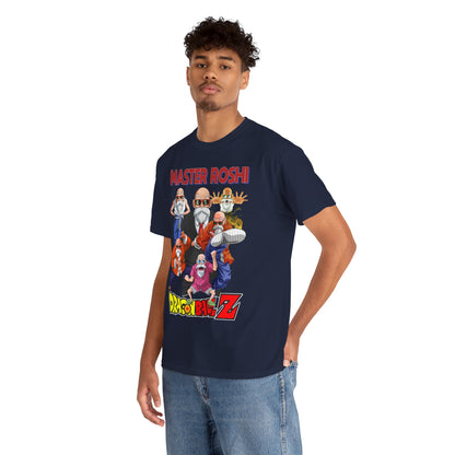 Stylish model wearing a high-quality Dragon Ball Z Master Roshi t-shirt in navy, featuring vibrant graphics of the iconic character and an urban aesthetic.