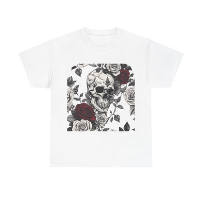 Elegantly presented Skulls and Roses Cotton Tee, Unisex Graphic Shirt on a white background, showcasing the captivating design of skulls intertwined with roses.