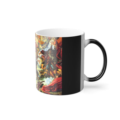 Discworld Equal Rites 3D Colour Morphing Coffee & Tea Mug from a side angle, highlighting the artistic features and elegant handle, a perfect gift for fans of Terry Pratchett.