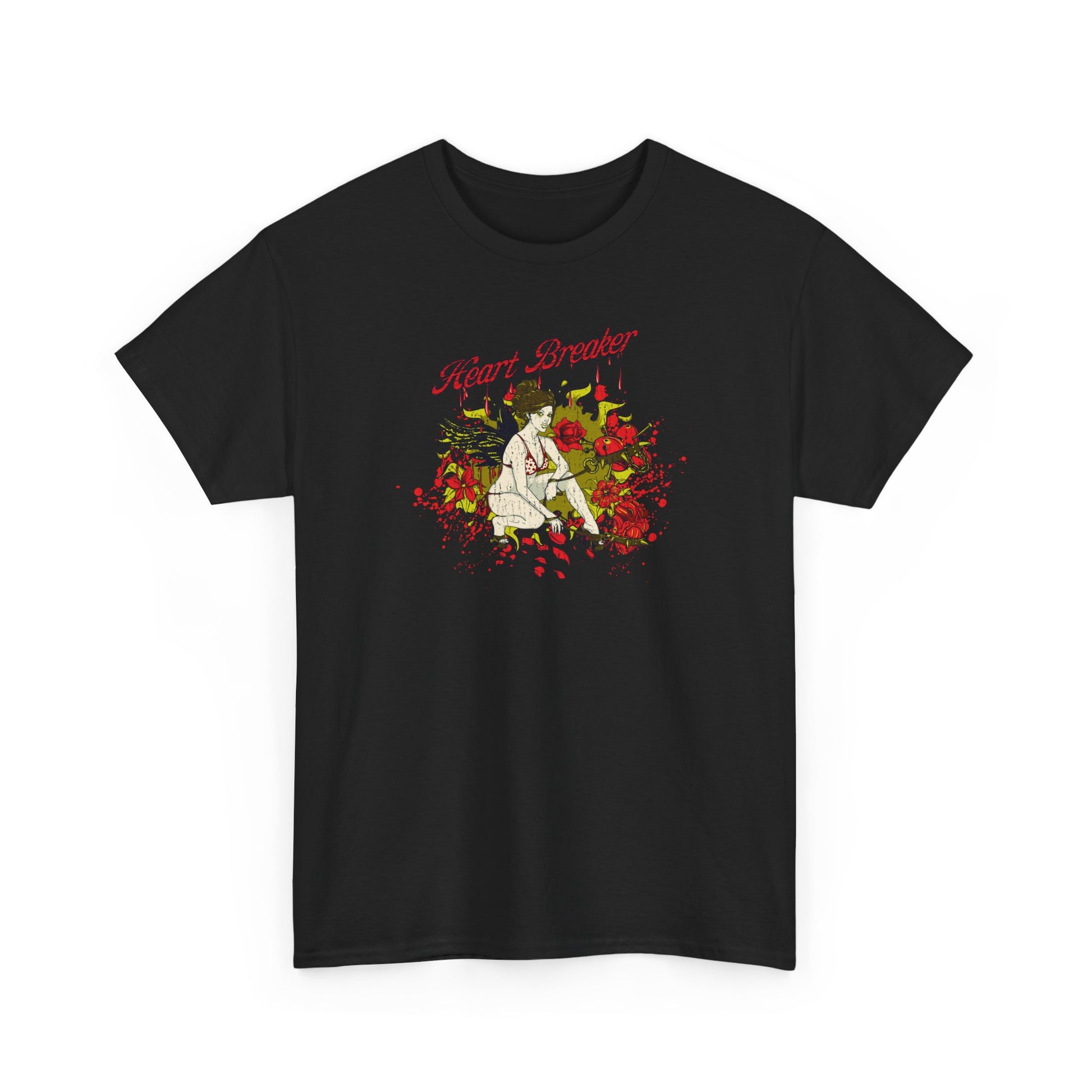 Distinctive black t-shirt featuring a vintage-inspired Heart Breaker graphic, richly adorned with roses, blending charm and allure.