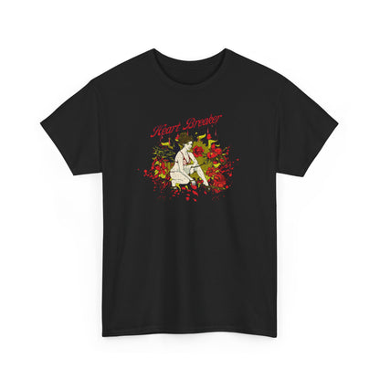 Distinctive black t-shirt featuring a vintage-inspired Heart Breaker graphic, richly adorned with roses, blending charm and allure.