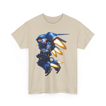 Elegant beige t-shirt adorned with a captivating blue mechanical figure, designed for those who appreciate style and creativity.