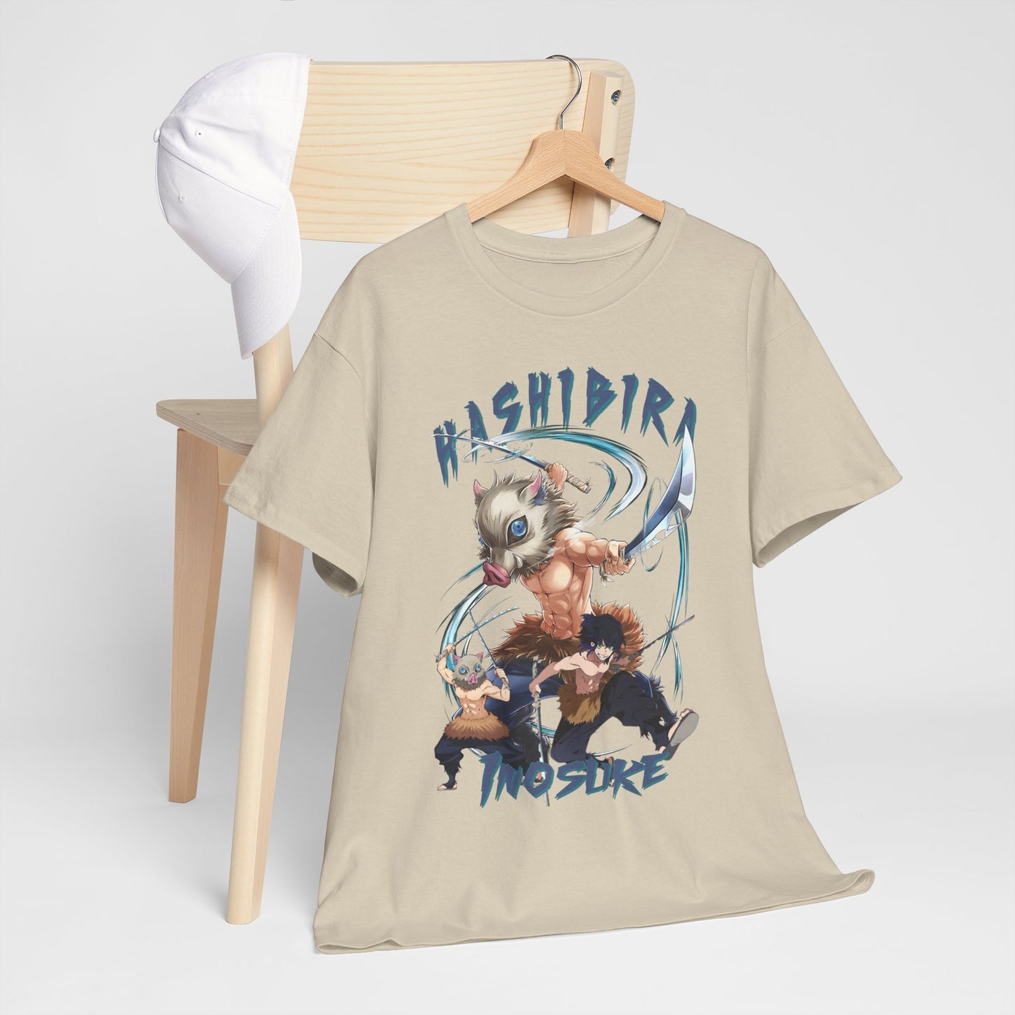 Chic Hashibira Inosuke Anime-Inspired T-Shirt styled casually with a cap, perfect for elevating everyday wear with a touch of anime luxury.