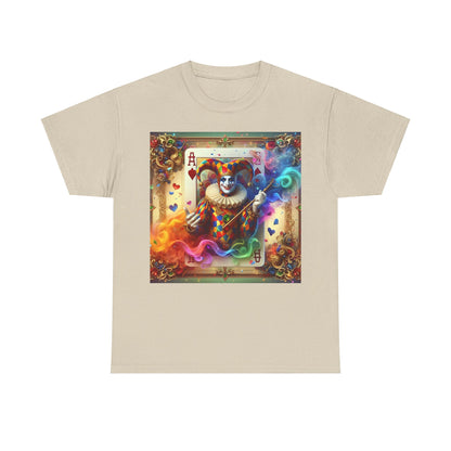Harlequin Playing Card Graphic Tee in beige featuring a colourful harlequin jester illustration with playing cards, capturing the essence of luxurious unisex apparel.