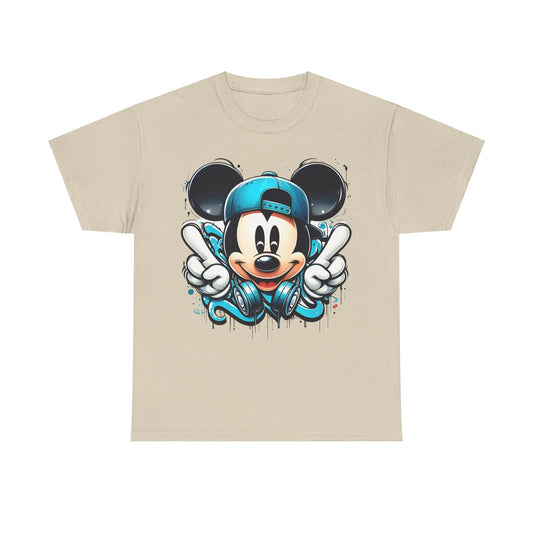 Luxurious unisex Mickey Mouse Graffiti Graphic T-Shirt in beige featuring a bold graffiti design, showcasing Mickey with a playful teal cap and oversized headphones.