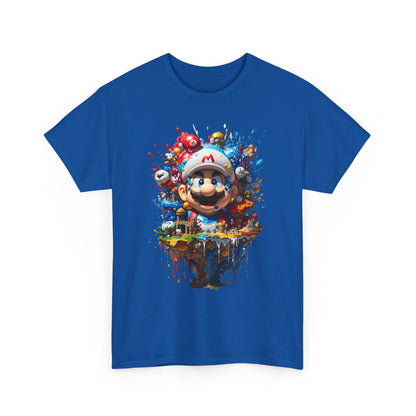 Front view of M a r i o's Colorful Adventure Graphic T-Shirt showcasing a stunning illustration of the iconic character Mario in a lively scene, ideal for style and comfort.