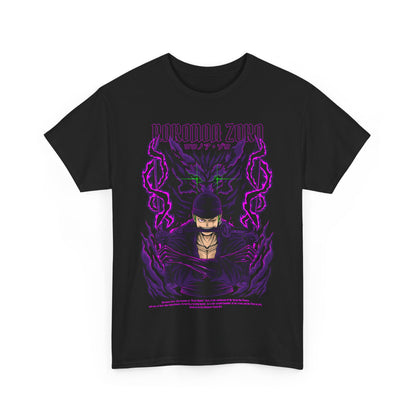 Stylish Roronoa Zoro graphic tee elegantly presented with a striking design featuring vivid purple accents and dynamic imagery, ideal for bold fashion statements.