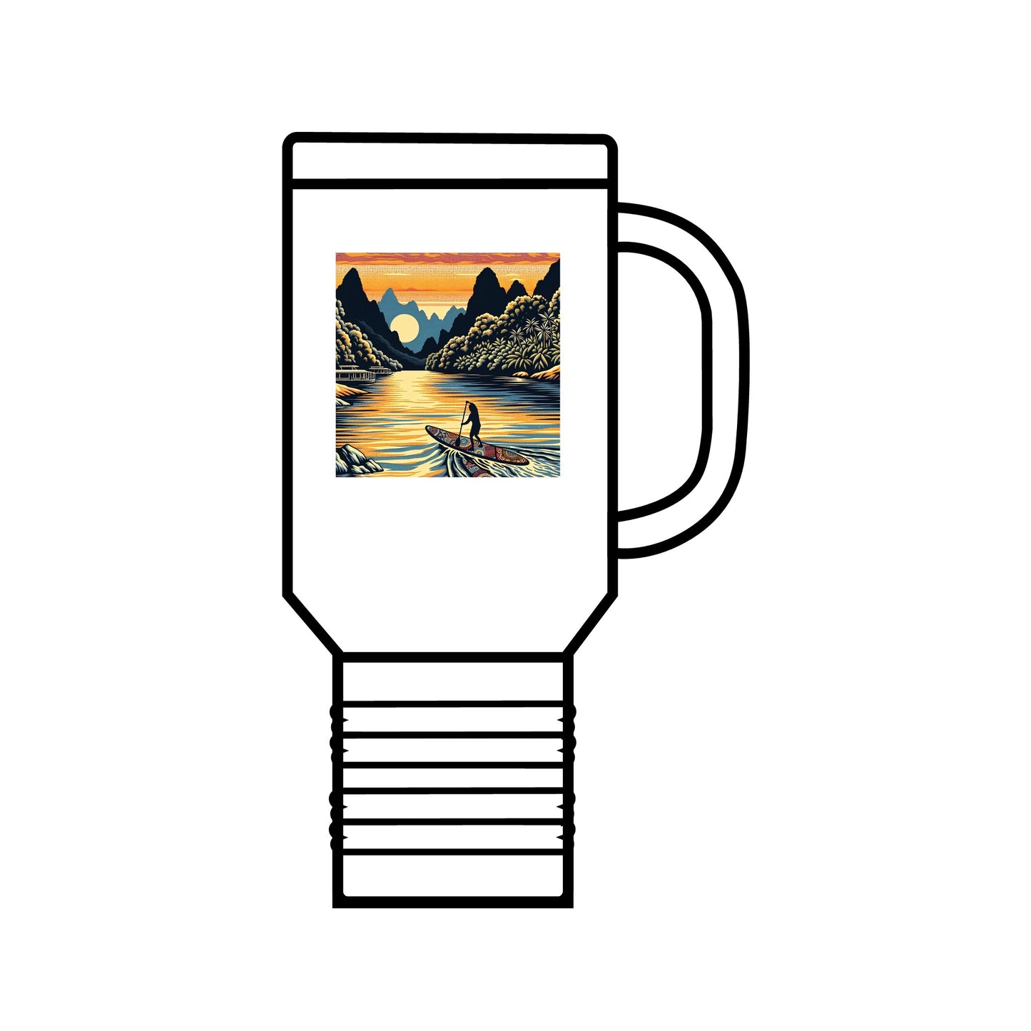 Fantasy Paddleboarding 40oz Insulated Travel Mug in sleek white with an artistic paddleboarding scene, crafted from high-quality stainless steel for luxurious outdoor adventures.