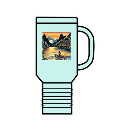Chic Fantasy Paddleboarding 40oz Insulated Travel Mug in sleek mint green, showcasing a captivating paddleboarding artwork, designed for adventurous sipping.