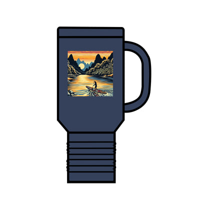 Fantasy Paddleboarding 40oz Insulated Travel Mug in rich navy blue, showcasing a captivating paddleboarding image, designed for durability and style in outdoor escapades.