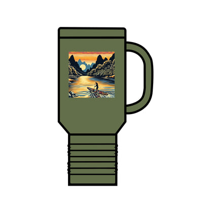 Fantasy Paddleboarding 40oz Insulated Travel Mug in vibrant olive green, highlighting a whimsical paddleboarding scene, ideal for those who appreciate luxury and functionality.