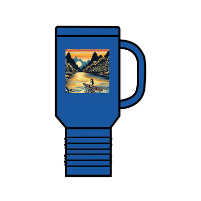 Luxury Fantasy Paddleboarding 40oz Insulated Travel Mug in elegant blue, adorned with a picturesque paddleboarding scene, perfect for stylish hydration.