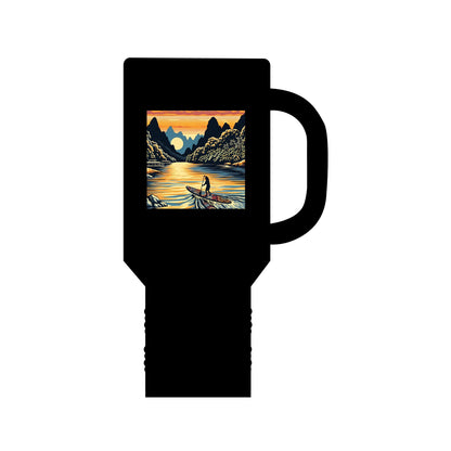Fantasy Paddleboarding 40oz Insulated Travel Mug in classic black featuring a stunning paddleboarding artwork, a perfect companion for luxurious adventures and hydration.