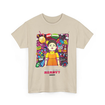 Luxurious Squid Game-inspired graphic tee featuring vibrant illustrations of a character amidst playful symbols, perfect for style-savvy individuals.