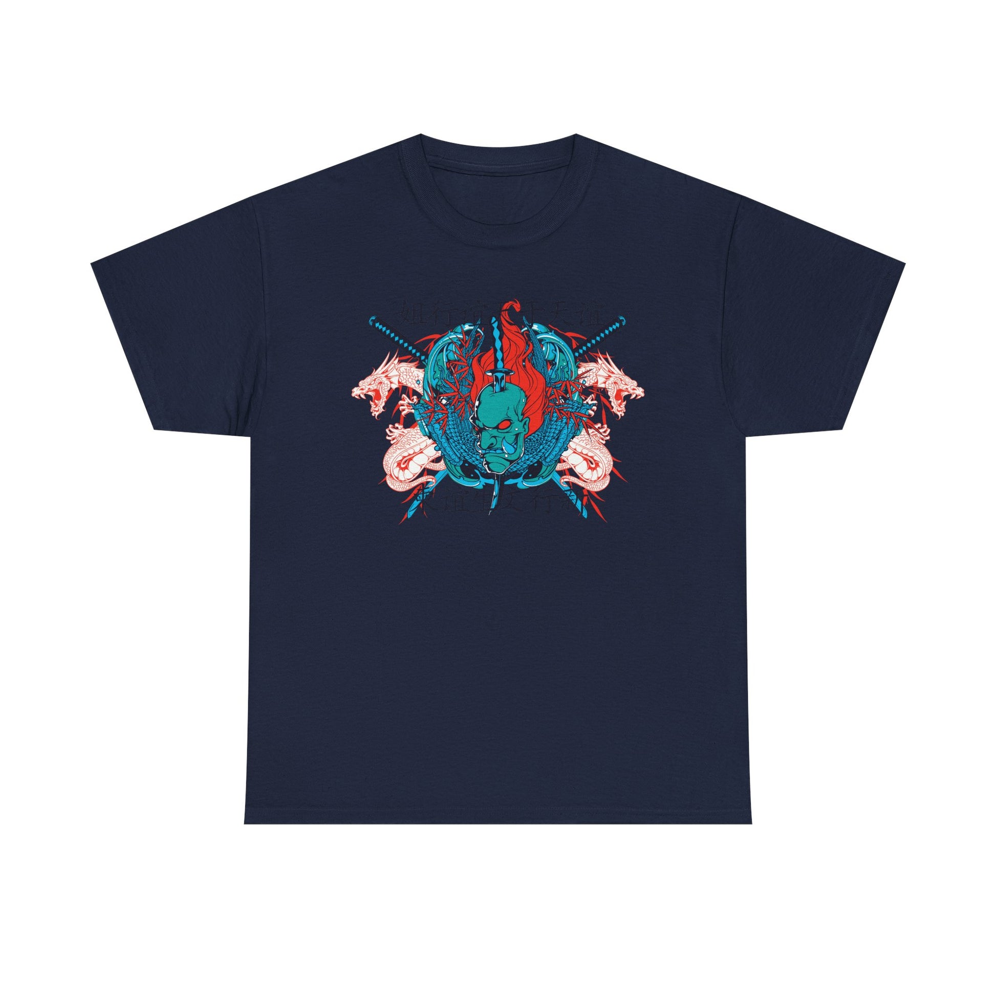 Luxury navy men's t-shirt showcasing a detailed graphic of a fierce oni mask surrounded by dynamic dragons and crossed katanas, embodying strength and artistry.