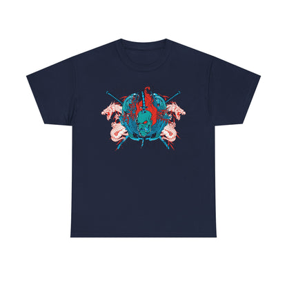 Luxury navy men's t-shirt showcasing a detailed graphic of a fierce oni mask surrounded by dynamic dragons and crossed katanas, embodying strength and artistry.