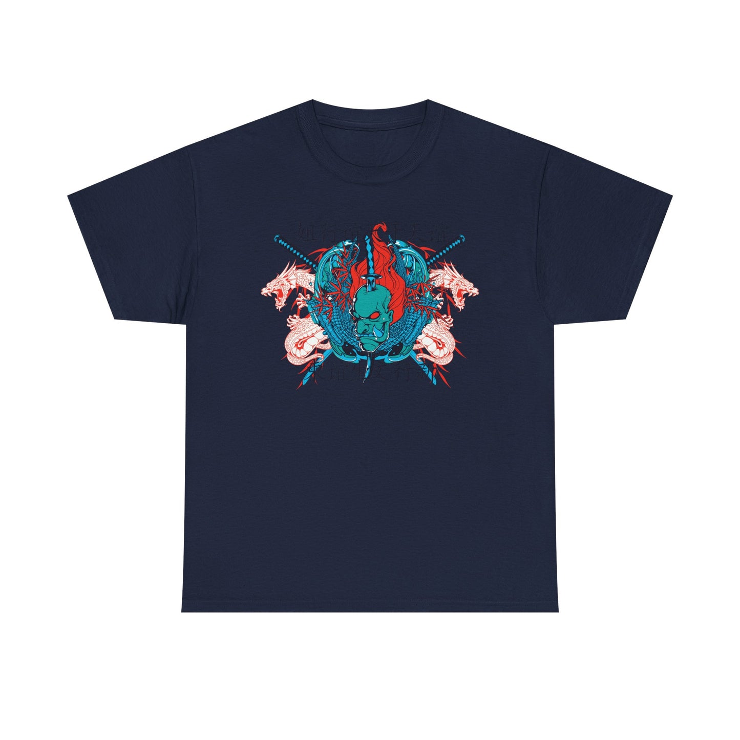 Chic navy men's t-shirt featuring a stunning design of a striking oni mask paired with swirling dragons and crossed katanas, epitomising elegance and boldness in contemporary fashion.