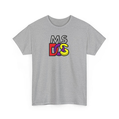 Front view of the Unisex MS DOS Logo Graphic Tee, featuring a vibrant MS-DOS logo in a stylish retro design, embodying luxury and nostalgia.