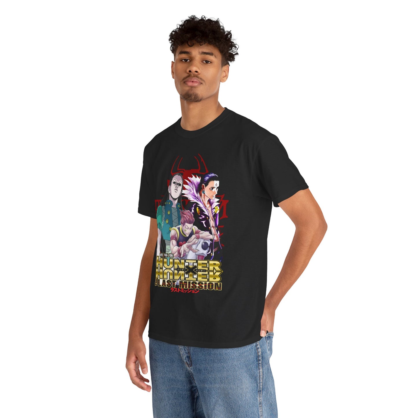 Luxury black Hunter x Hunter T-shirt featuring intricately illustrated characters Gon, Killua, and Hisoka against a vibrant red backdrop, perfect for anime enthusiasts seeking stylish casual wear.