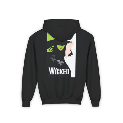 Child's Wicked Film Graphic Pullover Hoodie featuring a sophisticated design showcasing iconic characters in vibrant green and monochrome, perfect for kids and youth.