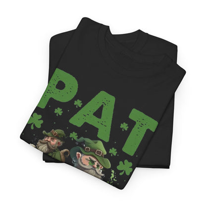 Folded black t-shirt displaying the 'Funny St. Patrick’s Day T-Shirt - Pat McCrotch Irish Pub Graphic Tee for Men & Women' design with vibrant green text and playful Irish pub-themed illustrations.